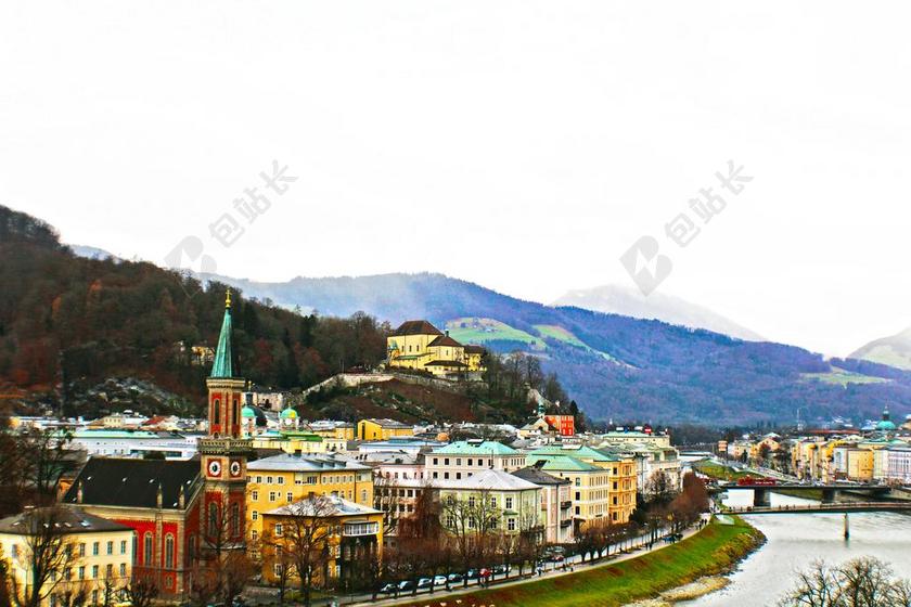 欧洲奥地利萨尔斯堡旧城风景背景图片