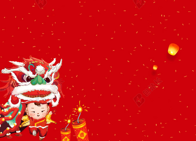 红色喜庆舞狮中国风2019新年猪年春节除夕过年海报红色背景素材