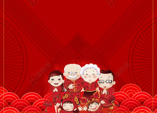 红色中国年2019猪年新年春节除夕新春过年海报红色背景素材