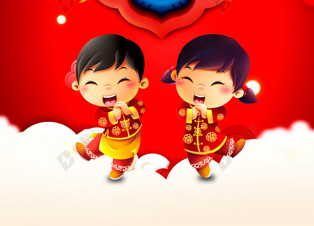 童男童女拜年2019新年猪年拜年啦春节习俗喜庆红色背景海报