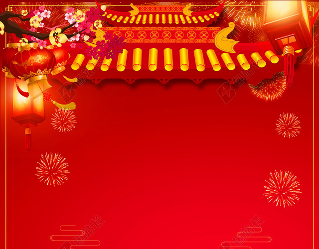 中国风屋檐2019新年猪年拜年啦春节习俗喜庆黄色背景海报