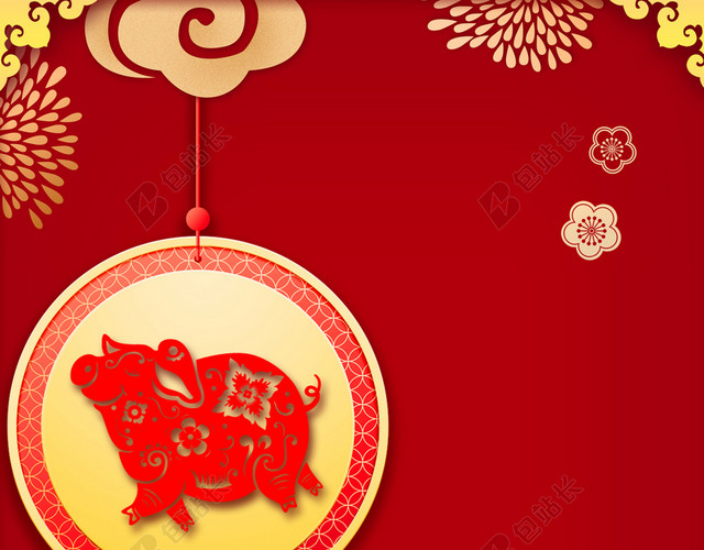 窗花剪纸猪2019新年猪年拜年啦春节习俗喜庆红色背景海报