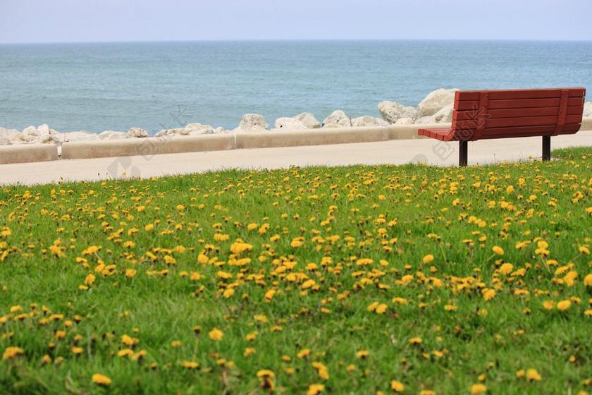 旅游自然户外公园岸边的凳子唯美背景图片