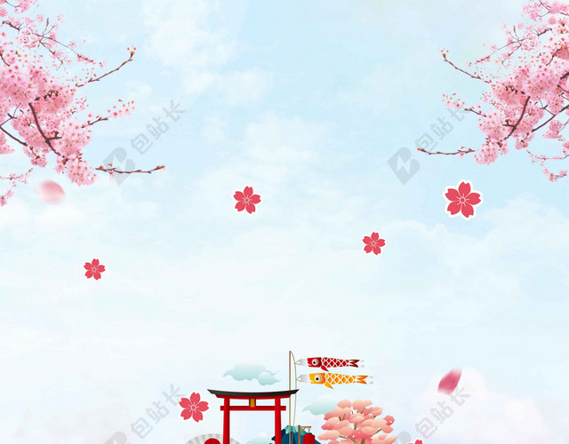 富士山宅门中国风手绘樱花节旅游宣传2019海报背景