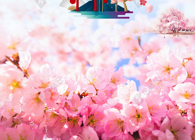 富士山宅门中国风手绘樱花节旅游宣传2019海报背景