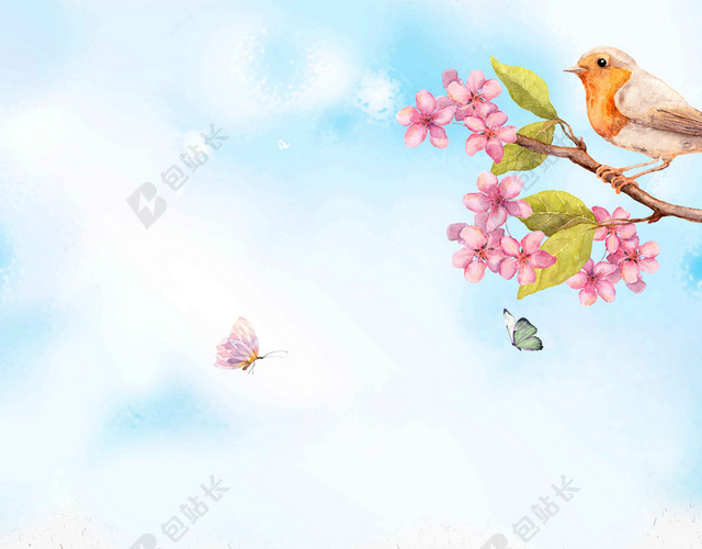 山门鸟儿粉色中国风手绘樱花节旅游宣传2019海报背景