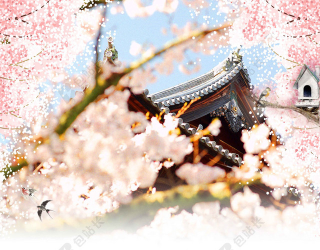 房屋角樱花粉色中国风樱花节旅游宣传2019海报背景