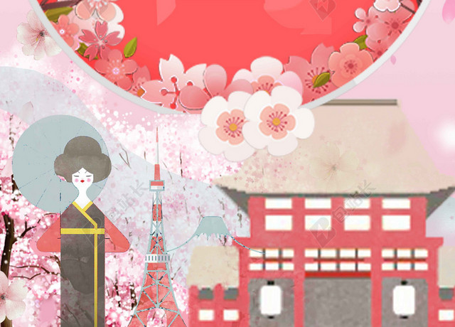 月圆房子中国风粉色樱花节旅游宣传2019海报背景
