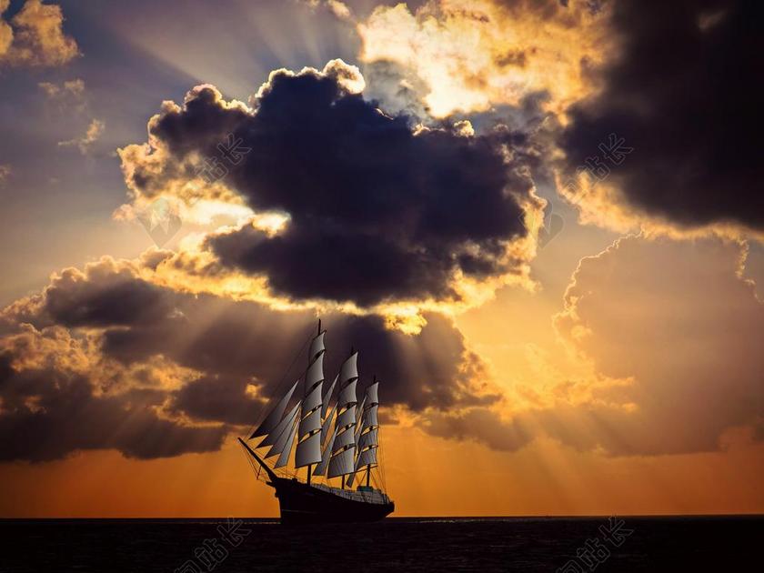 海上唯美夕阳下航行的帆船背景图片