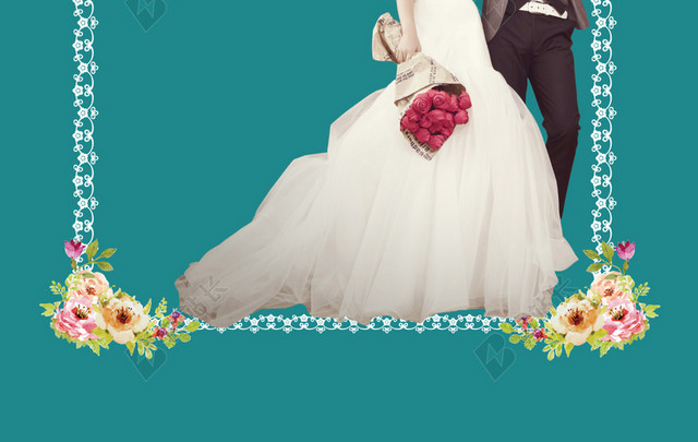清新蓝绿甜蜜浪漫婚纱摄影宣传单海报背景双面