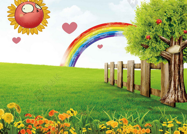 彩虹风景鲜花绿叶老人生活服务养老院宣传海报背景