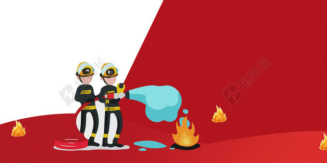 手绘两个可爱卡通消防员在灭火消防安全标语宣传展板红色背景海报