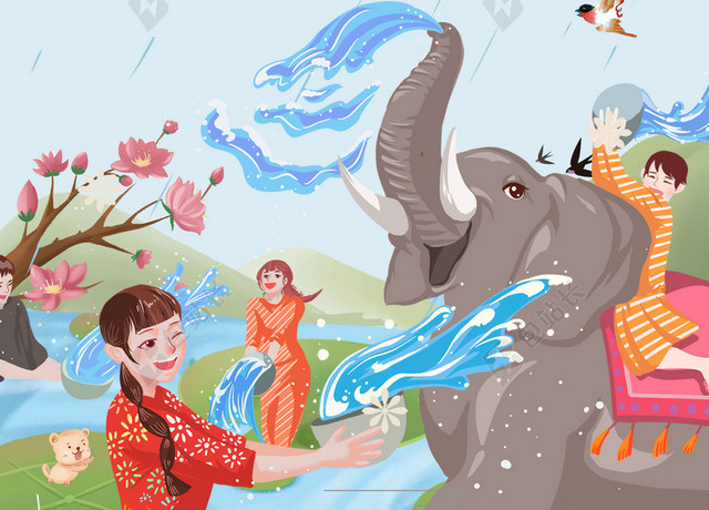 手绘卡通云南泼水节傣族文化传统民俗蓝色背景海报