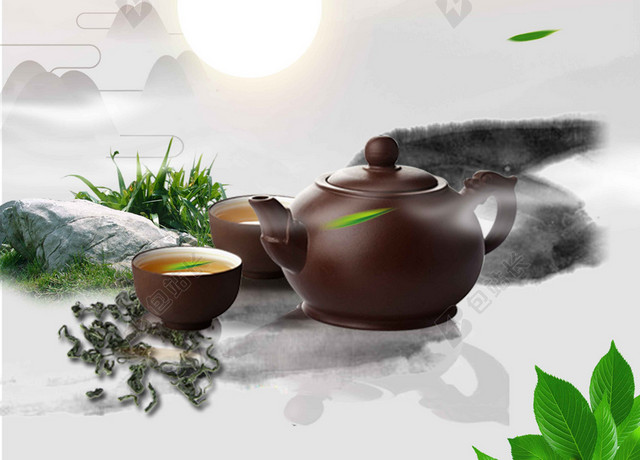 阳光山水风景茶具茶文化传统文化海报背景