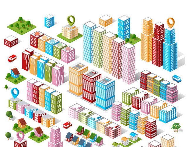 卡通建筑城市生活大厦都市高层公寓矢量图