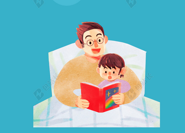 手绘卡通在读书的父子俩全民阅读蓝色背景海报