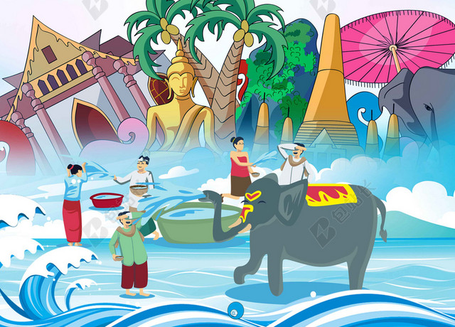 房子人物动物花草卡通泼水节傣族文化传统民俗海报背景