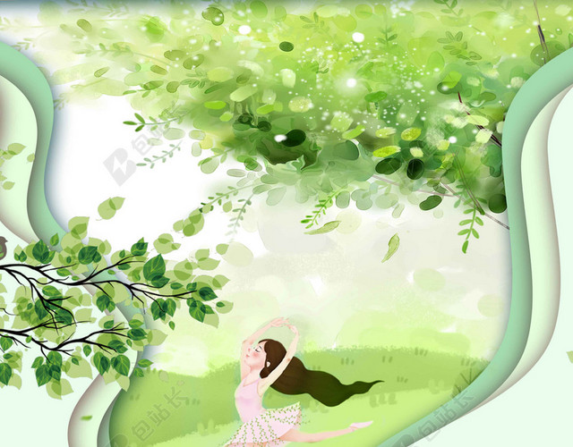 绿色手绘跳舞少女风景4月你好春天宣传海报背景