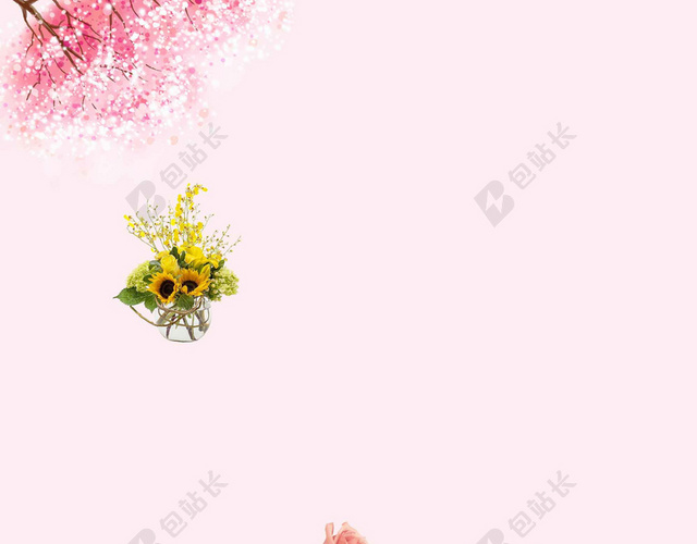 粉红闹钟花朵4月你好春天宣传海报背景
