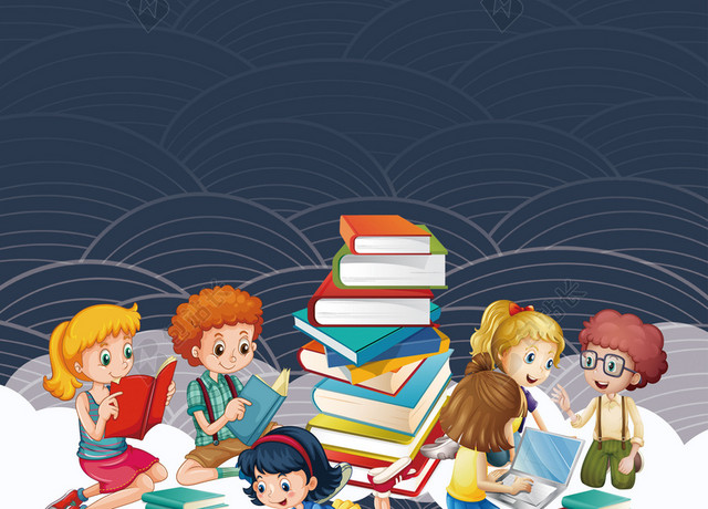 4月23日世界读书日手绘卡通读书的小朋友阅读宣传蓝色背景海报