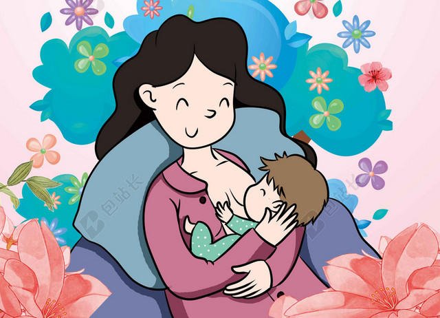 粉色花朵卡通人物中国母乳喂养日母婴知识海报背景