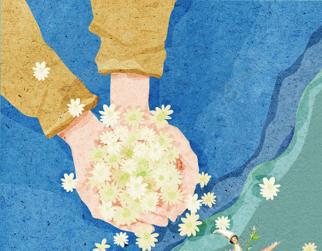 卡通手绘人物双手花朵蓝色卡通61儿童节宣传海报背景