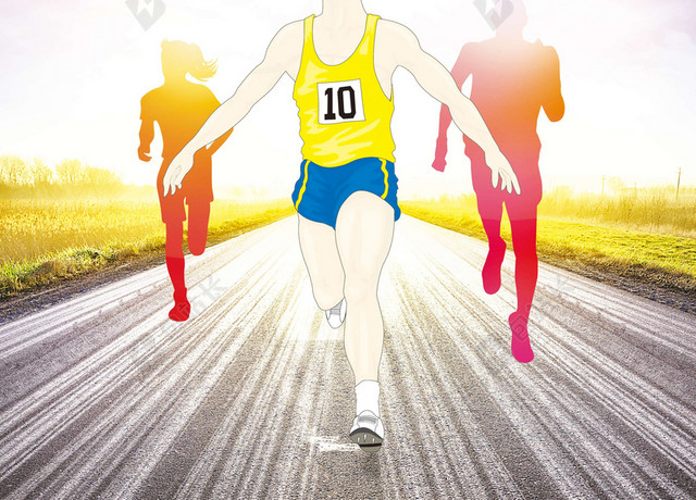 水彩手绘蓝色运动员跑道阳光马拉松宣传运动跑步健身海报背景