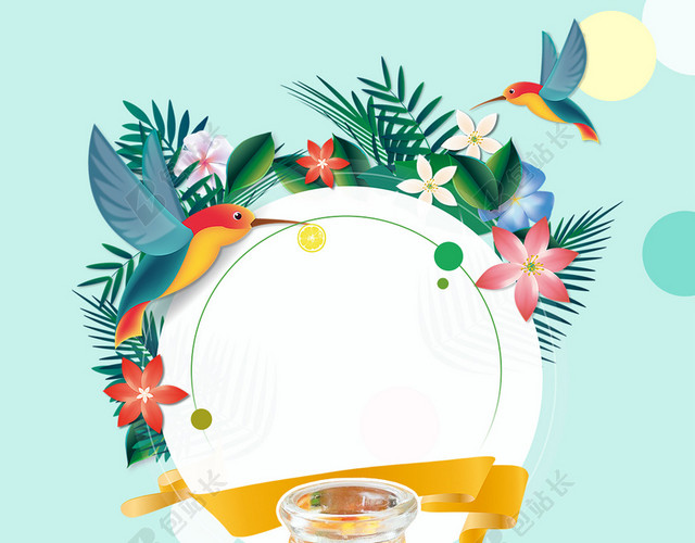 清新绿色花卉小鸟夏天水果茶饮品促销海报背景