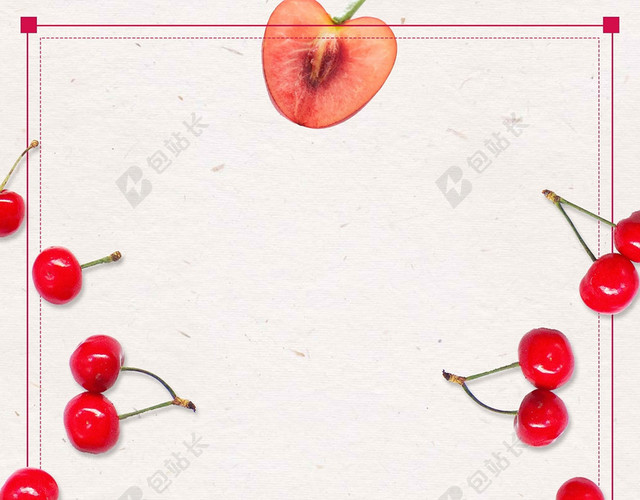 手绘边框红白圆形绿叶简约清新中国风樱桃车厘子水果宣传海报背景