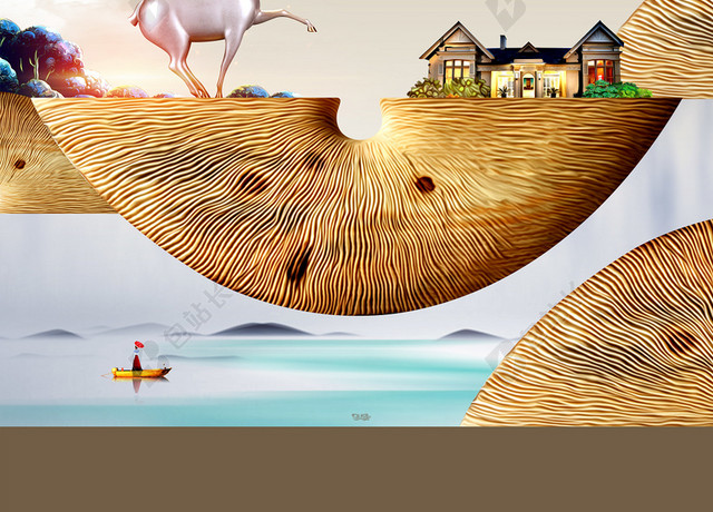 中国风金色动物房地产宣传米色背景海报