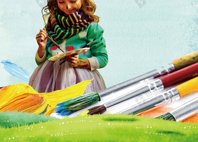 蓝色画笔画板手绘花草水彩卡通儿童美术招生培训海报背景