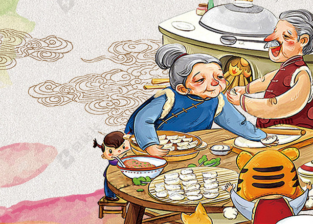 水彩中国风卡通人物美食饺子海报背景