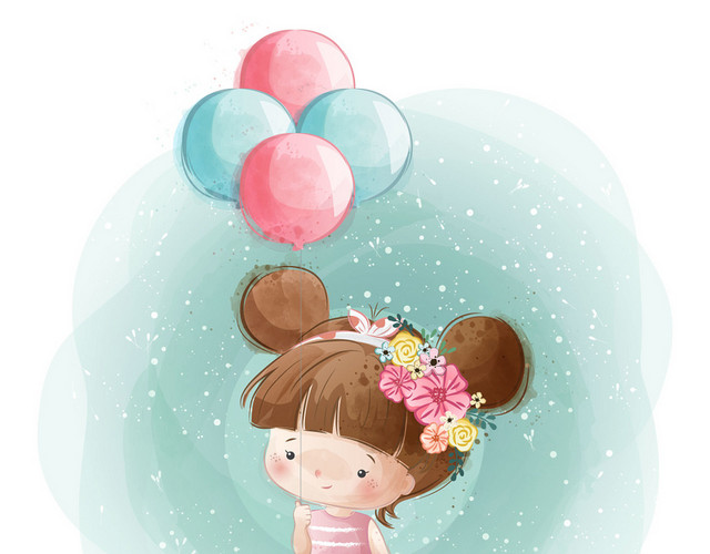 小女孩彩色气球卡通矢量图形