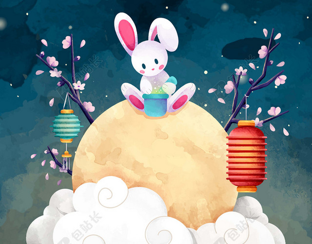 中秋节传统节日蓝色兔子中秋传统文化海报背景