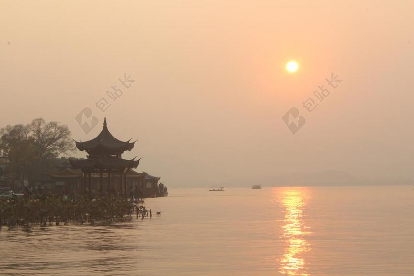 西湖 落日 湖