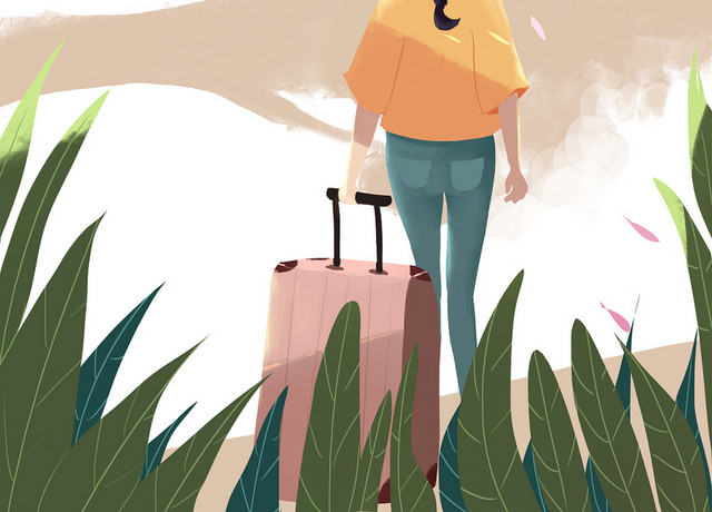 卡通女孩手拿行李箱去旅行旅游素材