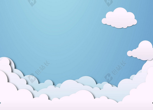 太空蓝色背景卡通背景立体折纸风蓝天白云背景