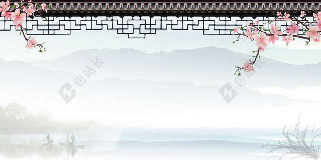 中国风古典背景古风背景房檐树枝桃花水墨山水背景素材