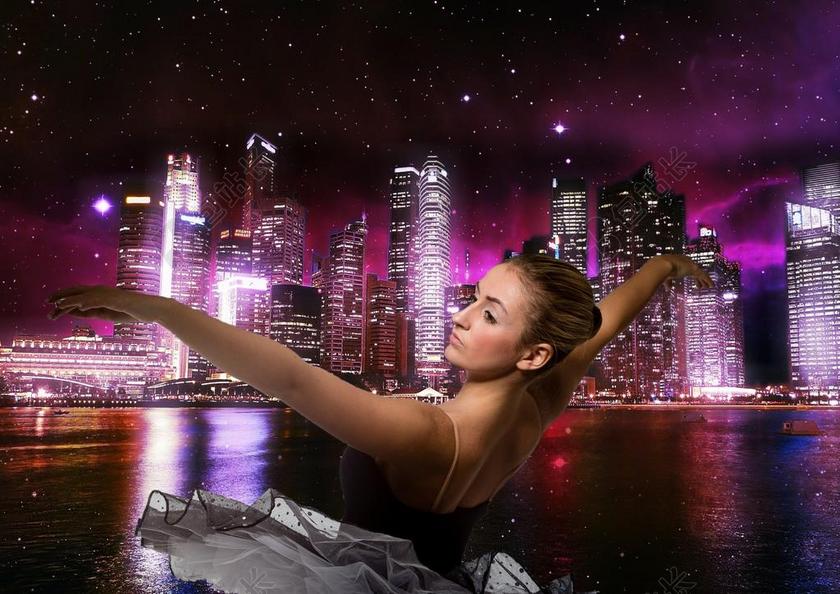 夜晚的都市和跳舞的女人背景图片