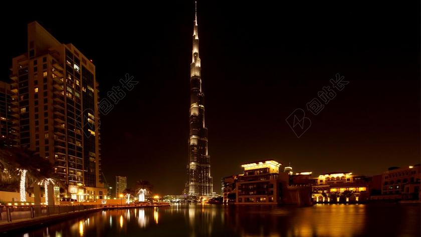 迪拜 迪拜哈利法塔 摩天大楼 夜 光 镜像 水 休息 步行