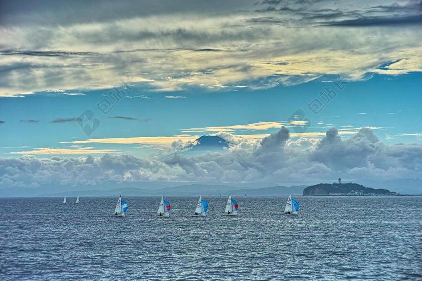 富士山 海 游艇 江之岛 云 世界文化遗产 景观 日本