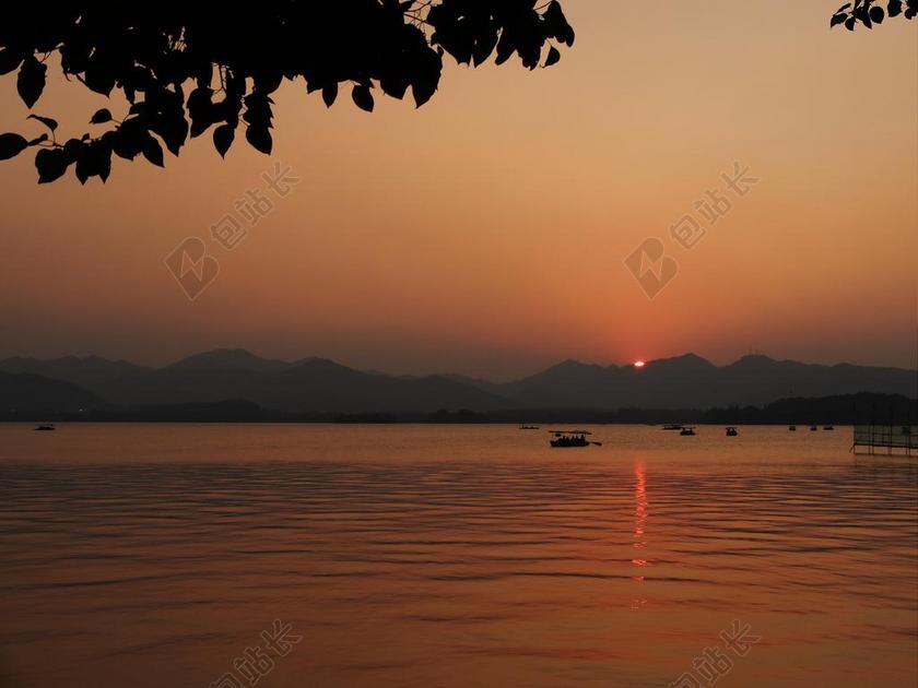 夕阳 落日 山水 中国风 湖