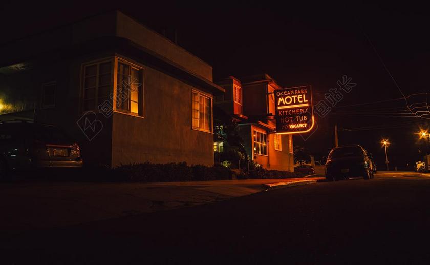汽车旅馆 迹象 街 路 夜 晚上 黑暗 城市
