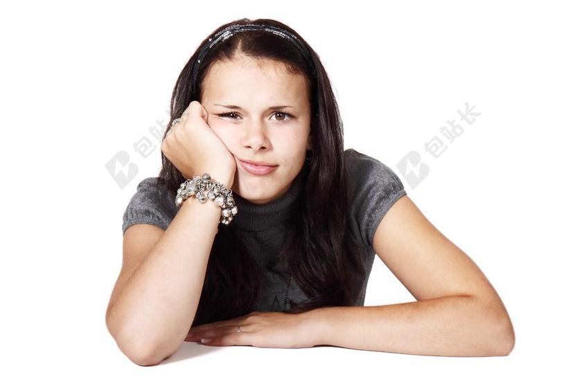 白色女孩女青年托腮思考背景图片