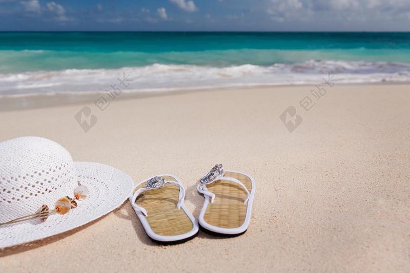 附件 海滩 蓝色 女性 人字拖鞋 帽子 度假 休闲 海洋