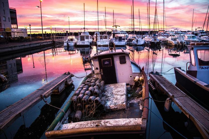 捕鱼 端口 渔港 渔船 日出 黎明 颜色 太阳 天空 法国