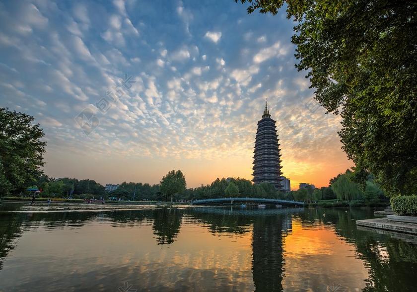 户外日落自然景观天宁寺楼阁倒影背景图片