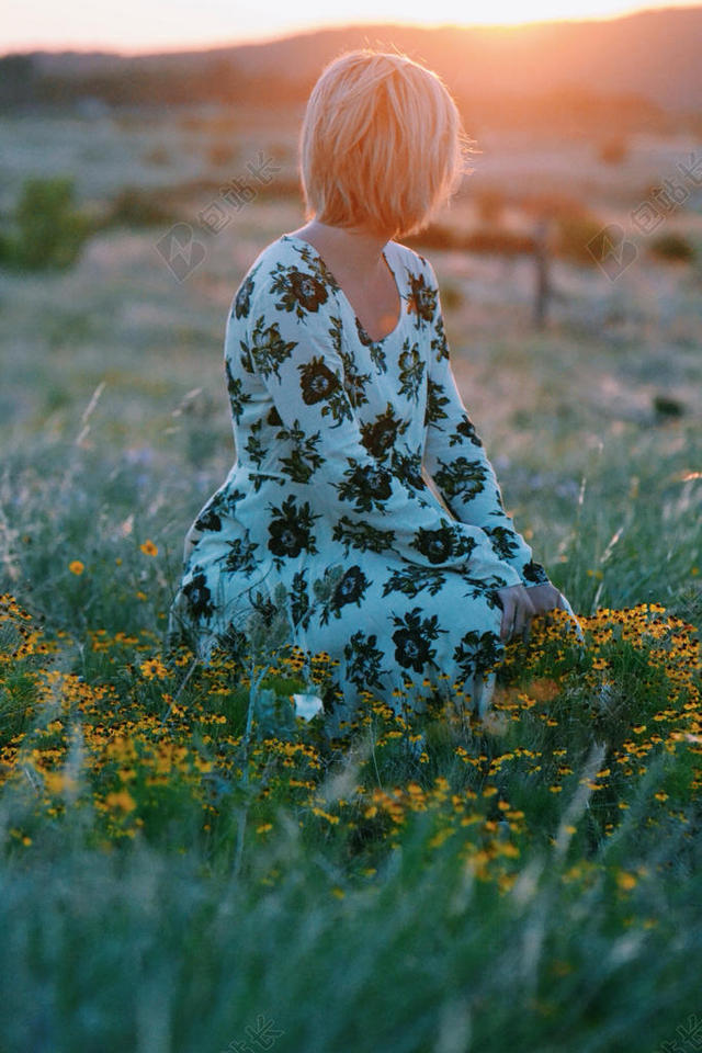 人物美丽阳光下草地上的女孩背影人物摄影户外光影背景图片