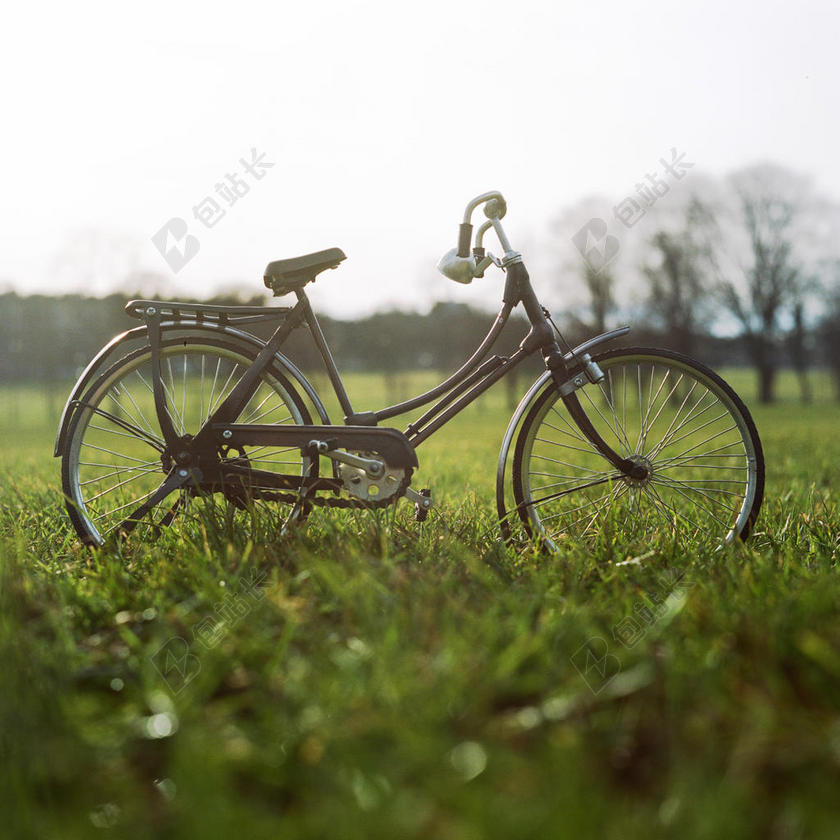 绿色自行车复古绿色草地草地上的老式单车背景图片