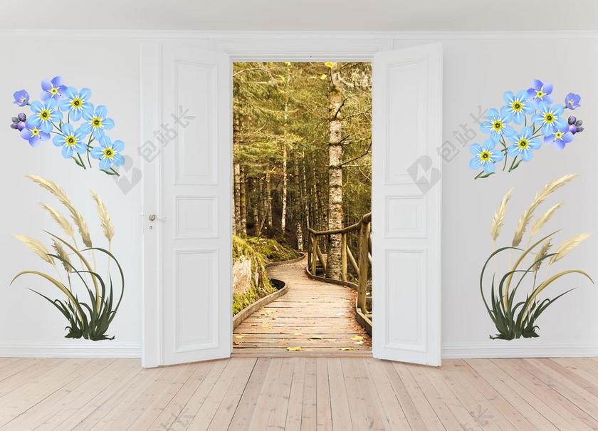 开门 自然教育径 森林 房子 内 房间 木材 墙上的装饰 空